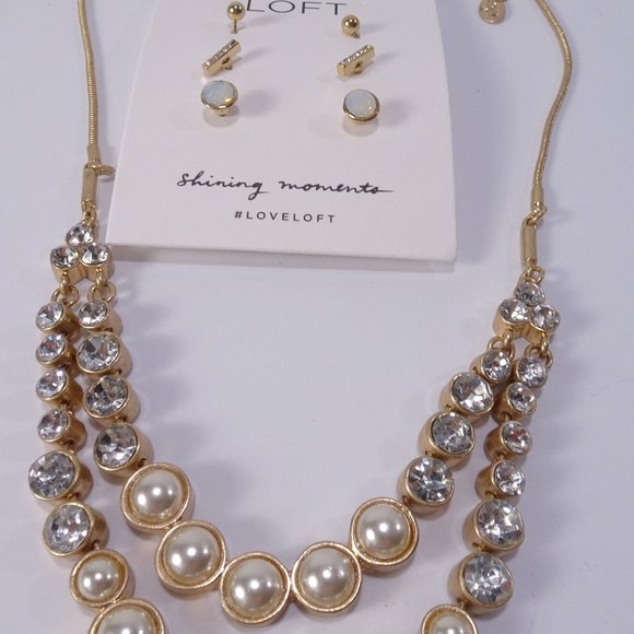 Ann Taylor LOFT Pearl and Opal Necklace Earrings Set NWT 39 24 - Picture 1 of 14
